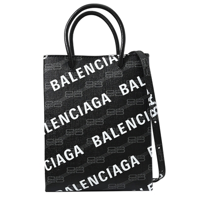 BALENCIAGA 滿版品牌LOGO兩用小托特包/紙袋包(黑灰)