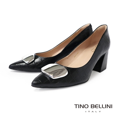 Tino Bellini 巴西進口牛皮鱷魚壓紋金屬環飾尖頭粗跟鞋-黑