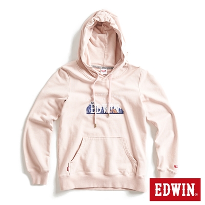 EDWIN 露營系列 富士山刺繡LOGO連帽長袖T恤-女-淺粉紅
