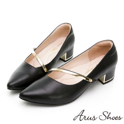 Arus-質感真皮簡約金屬線條素色尖頭低跟鞋-黑色