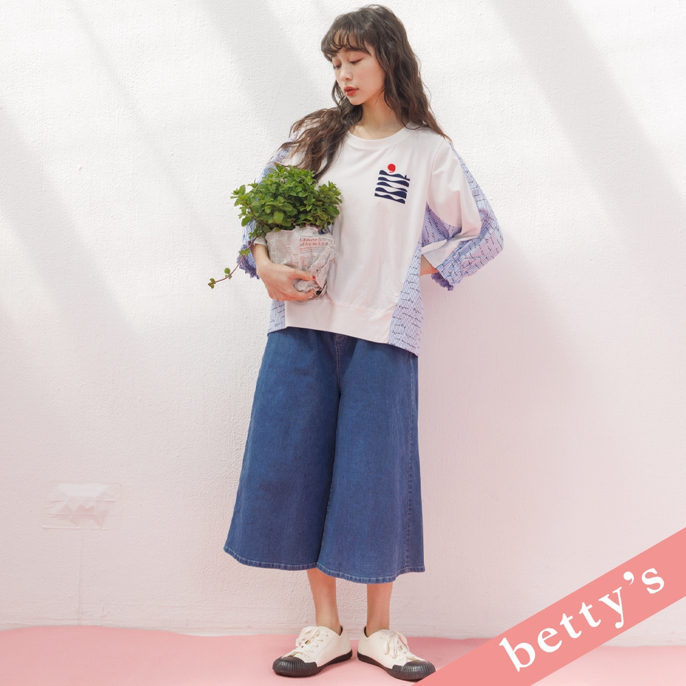 betty’s貝蒂思　腰鬆緊逗號刺繡牛仔七分寬褲(藍色)