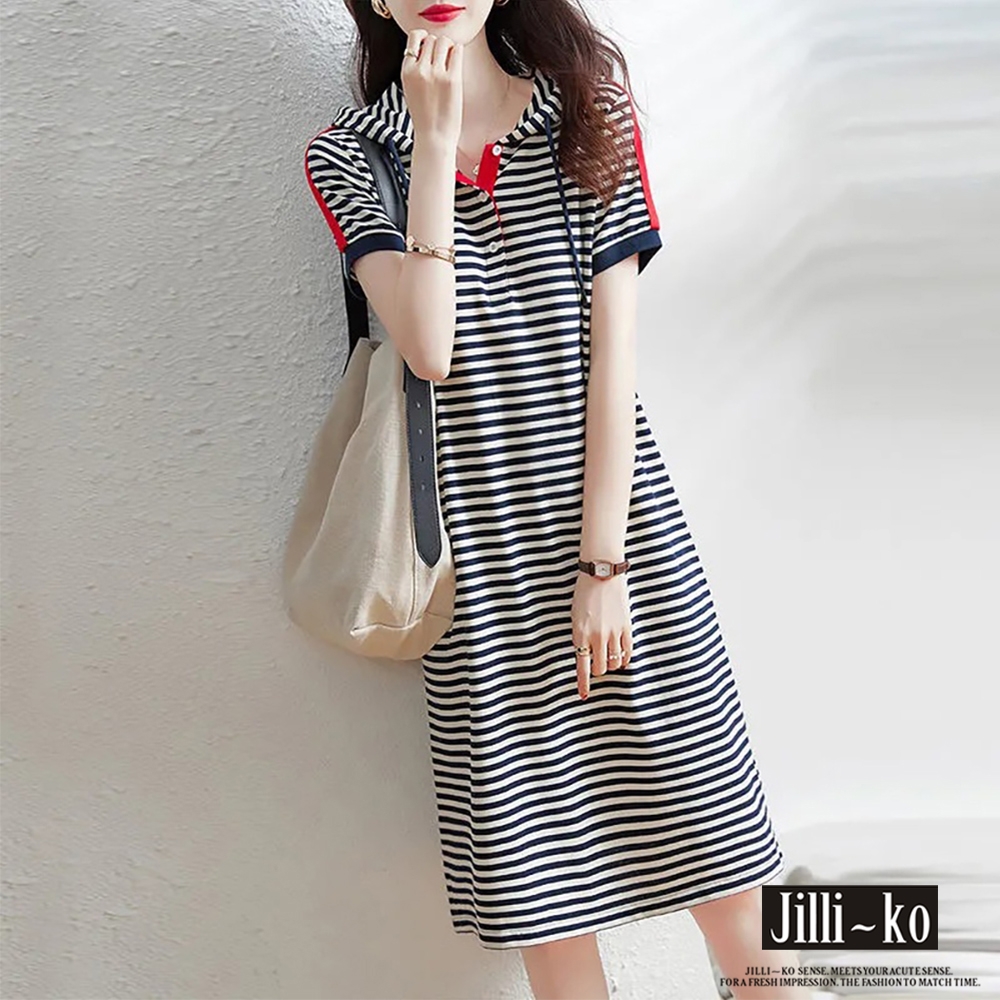 JILLI-KO 夏季優雅時尚撞色條紋連帽寬鬆中長款連衣裙- 紅/藍