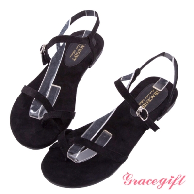 Grace gift-質感絨布細帶套趾涼鞋 黑