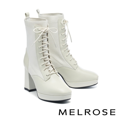 短靴 MELROSE 美樂斯 時髦潮感綁帶飛織牛皮方頭美型高跟短靴－米白