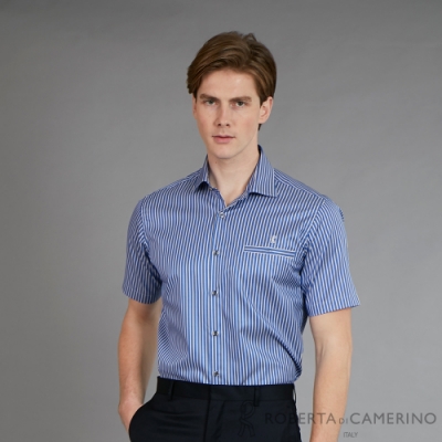 ROBERTA諾貝達 台灣製 進口素材 夏日型男 魅力休閒條紋短袖襯衫 藍色