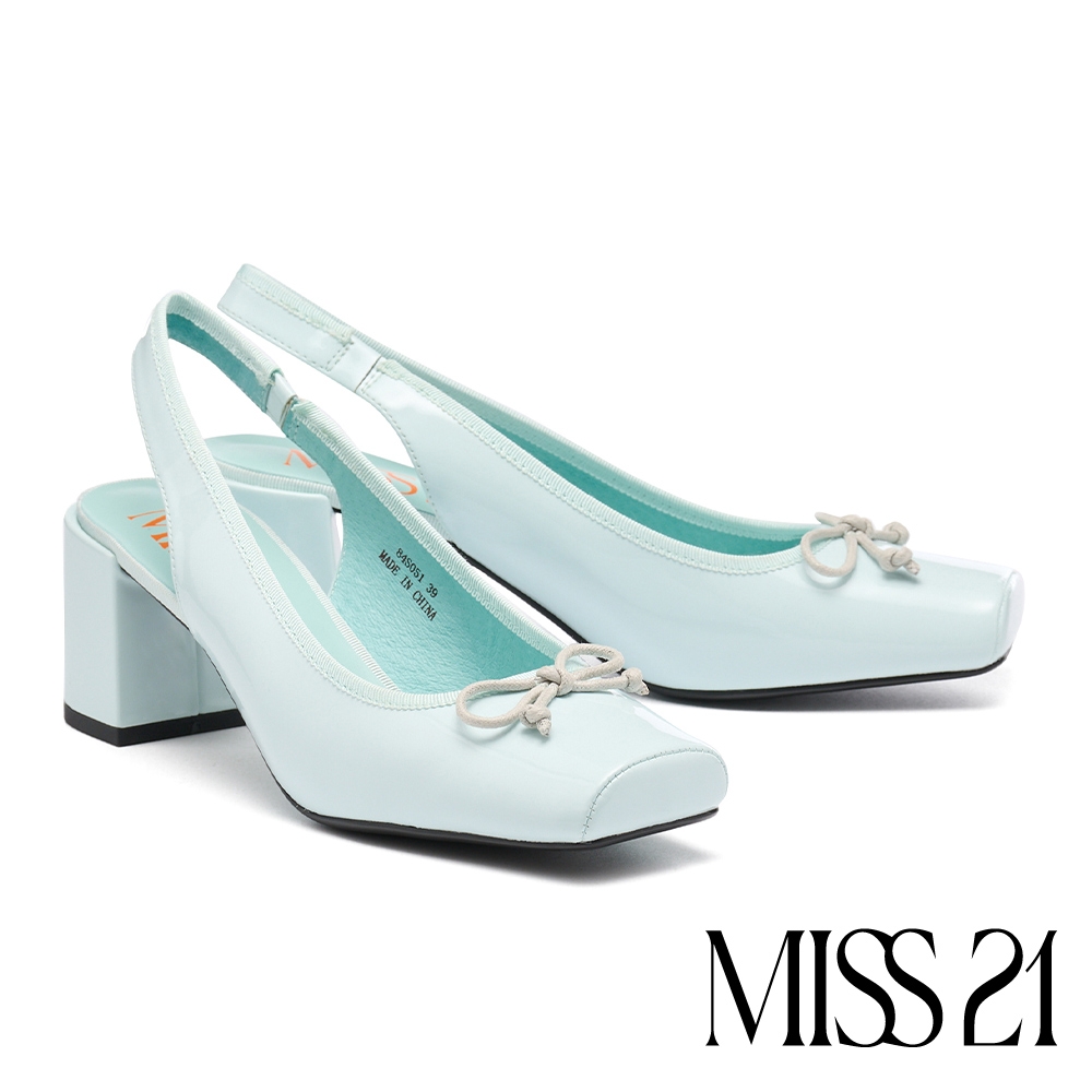 高跟鞋 MISS 21 嬌氣芭蕾蝴蝶結異材質拼接純色方頭後繫帶高跟鞋－藍