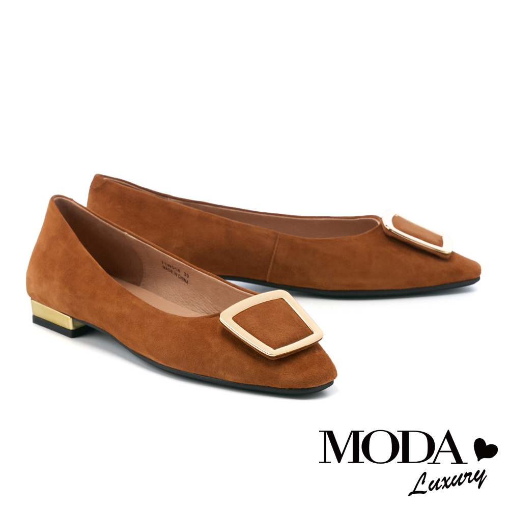 低跟鞋 MODA Luxury 簡約大方釦羊麂皮方頭低跟鞋－咖