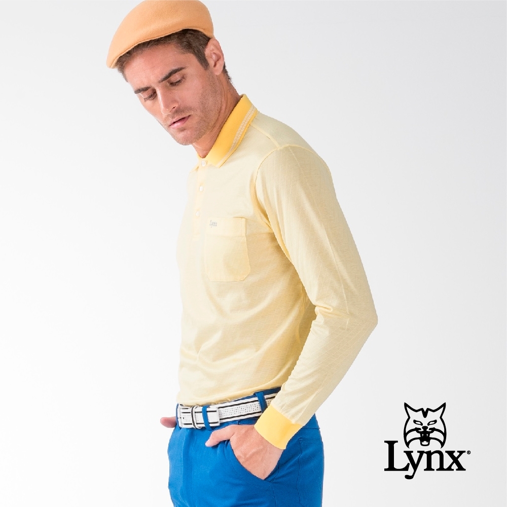 【Lynx Golf】男款純棉雙絲光緹花條紋胸袋長袖POLO衫-黃色