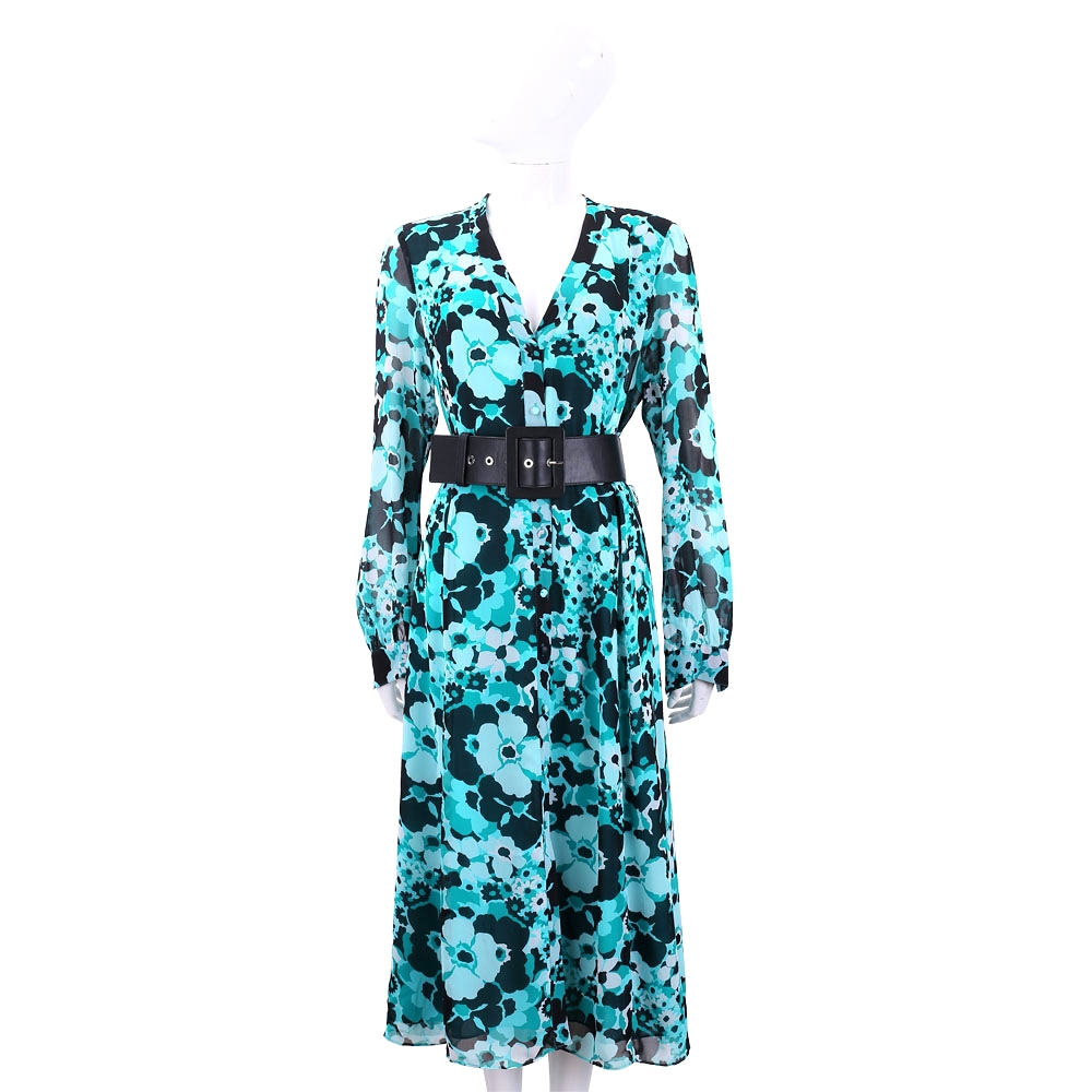 Michael Kors Floral Chiffon 雪紡印花附皮帶藍綠色V領洋裝