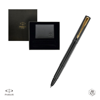 Parker 派克 新款威雅XL 黑桿金夾鋼珠筆 牛皮短夾禮盒 免費刻字 （原廠正貨）