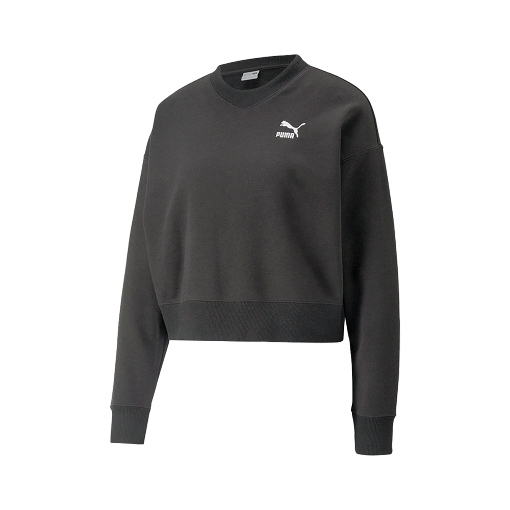 Puma 短版上衣 Classics Crew Neck 黑 歐規 V領 長袖 女款 53806001