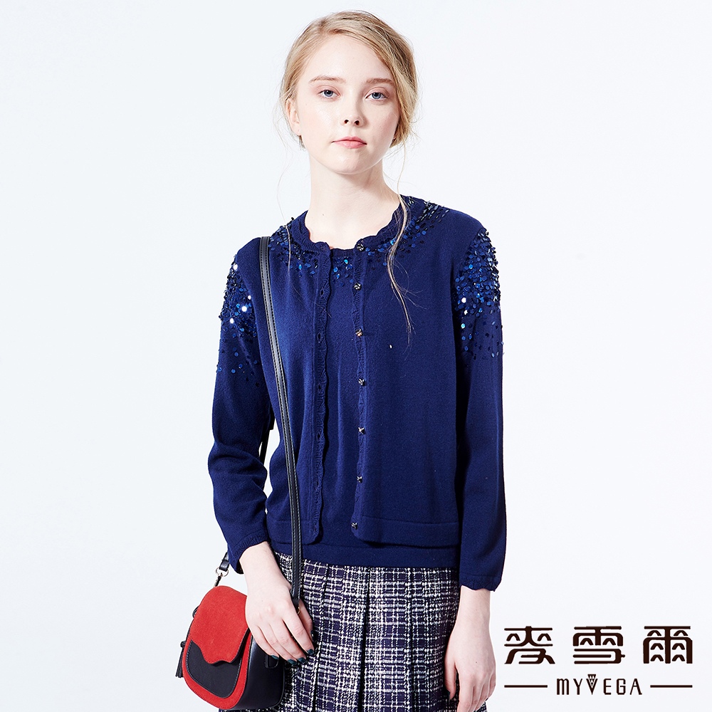 MYVEGA麥雪爾 羊絨X羊毛波浪織紋亮片短袖針織衫-深藍 product image 1