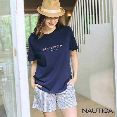 Nautica女裝 滿版帆船刺繡條紋短褲-灰色