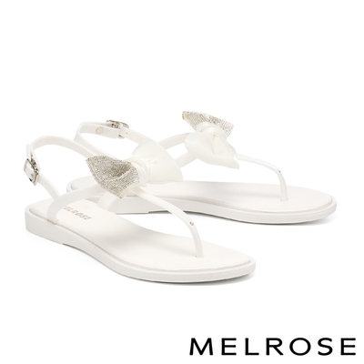 涼鞋 MELROSE 美樂斯 氣質閃鑽蝴蝶結夾腳低跟涼鞋－白