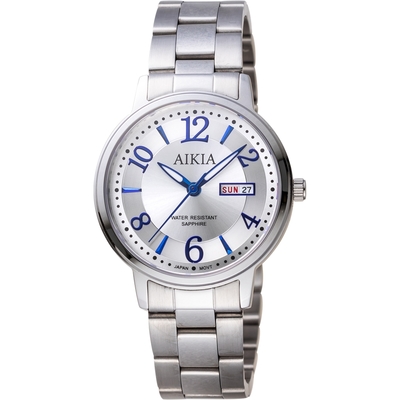 AIKIA 流行大三針時尚腕錶-3A2304WWN1/銀白X藍35mm