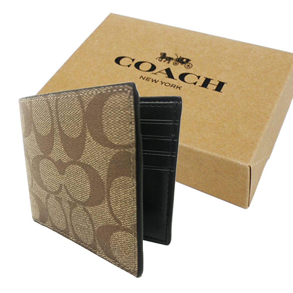 COACH 男款C LOGO6卡照片證件短夾禮盒(焦糖)