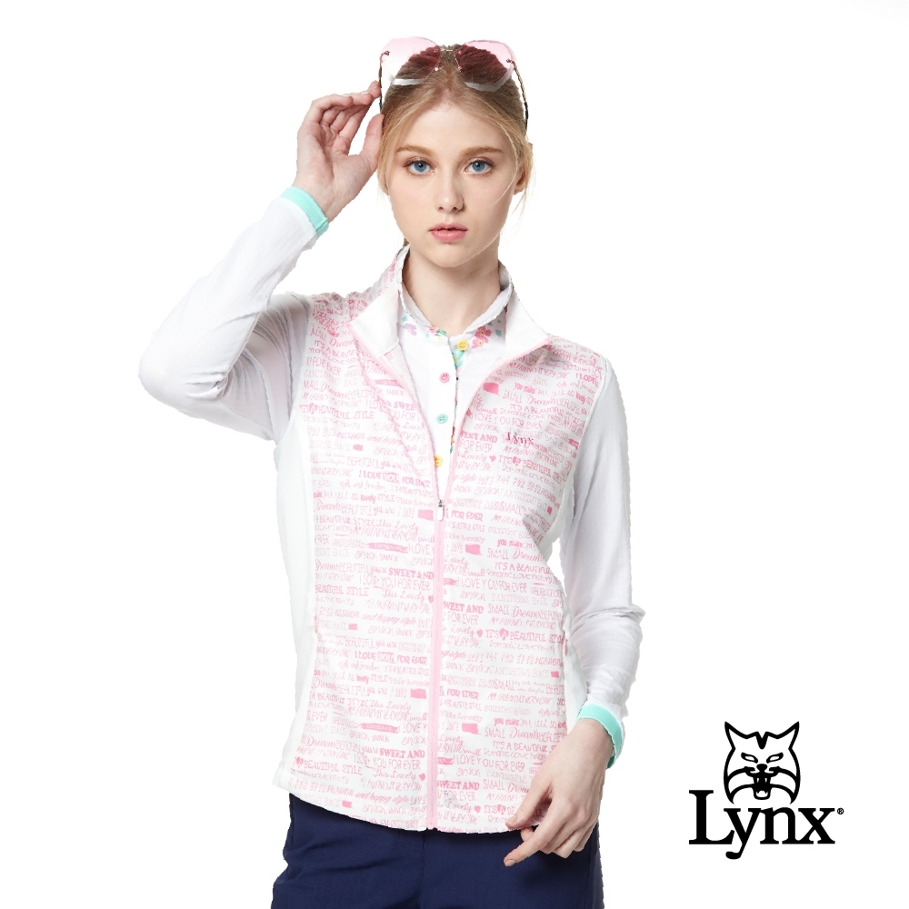 【Lynx Golf】女款輕潑水後背透氣設計文字印花無袖背心-白色