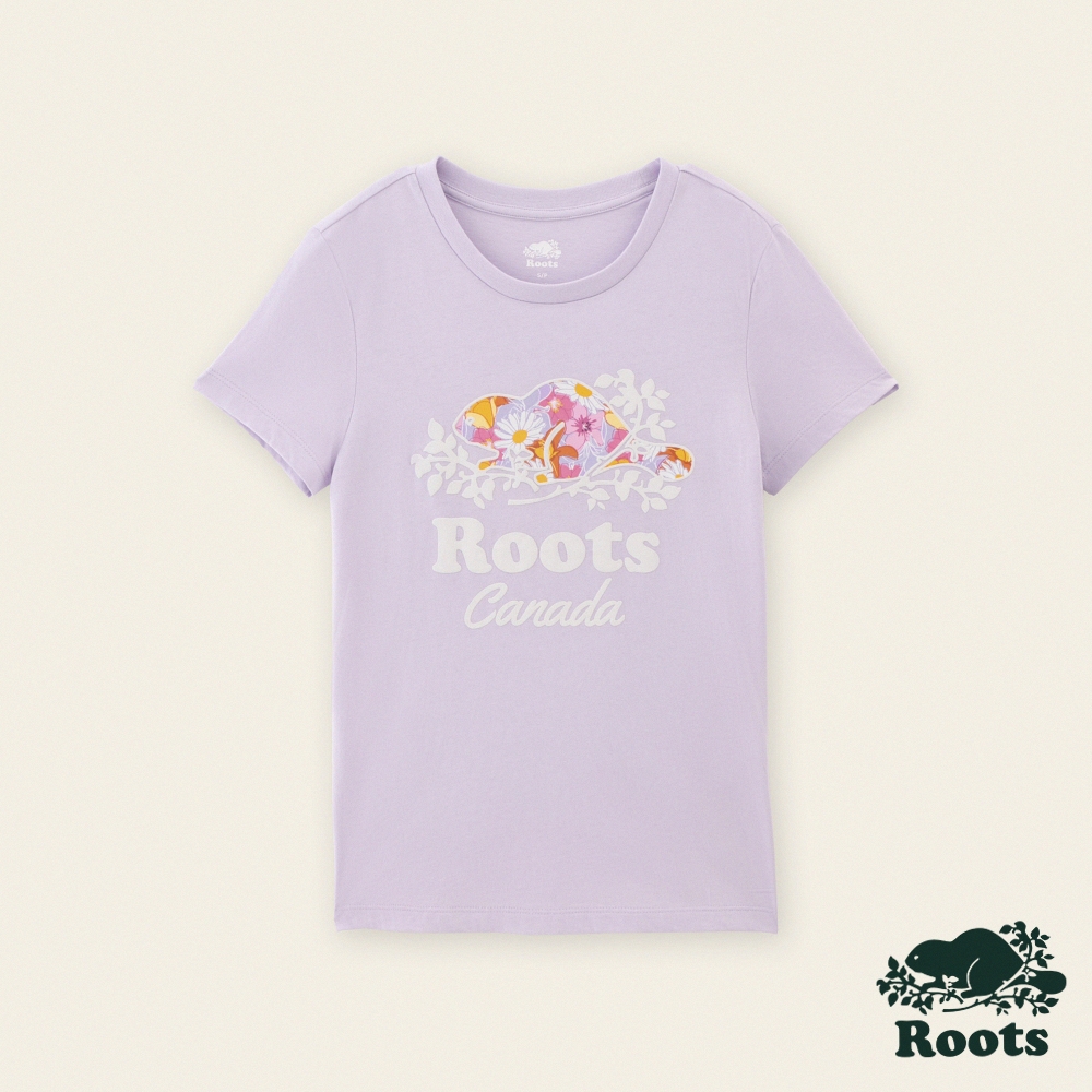 Roots女裝-繽紛花卉系列 花草海狸修身短袖T恤-蘭花紫