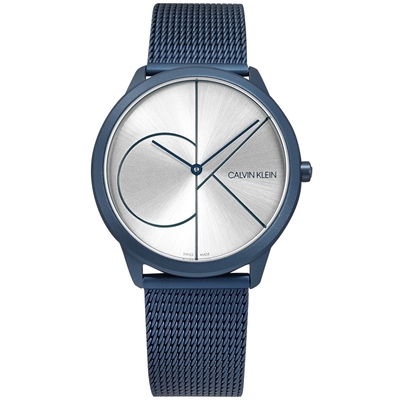 CK / 經典大LOGO 超薄 米蘭編織不鏽鋼手錶-銀x鍍藍/40mm