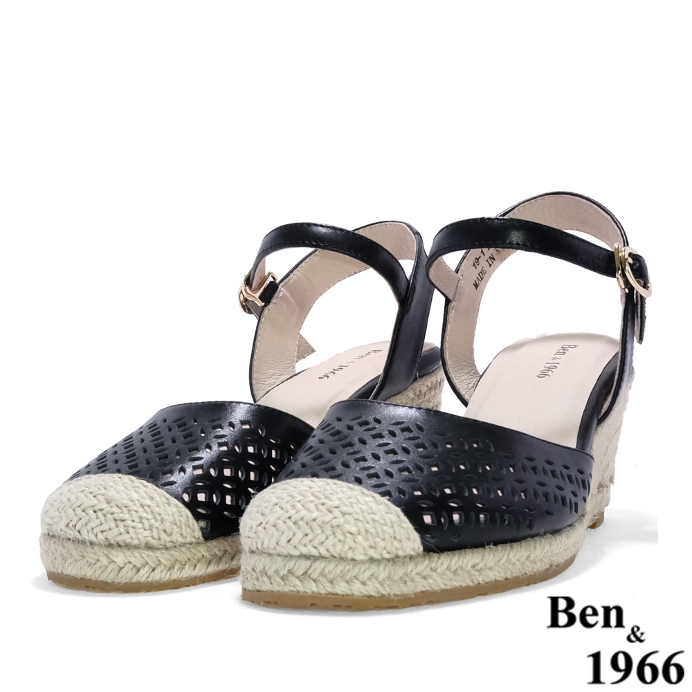 Ben&1966高級頭層牛皮沖孔編織楔型涼鞋-黑(216111)