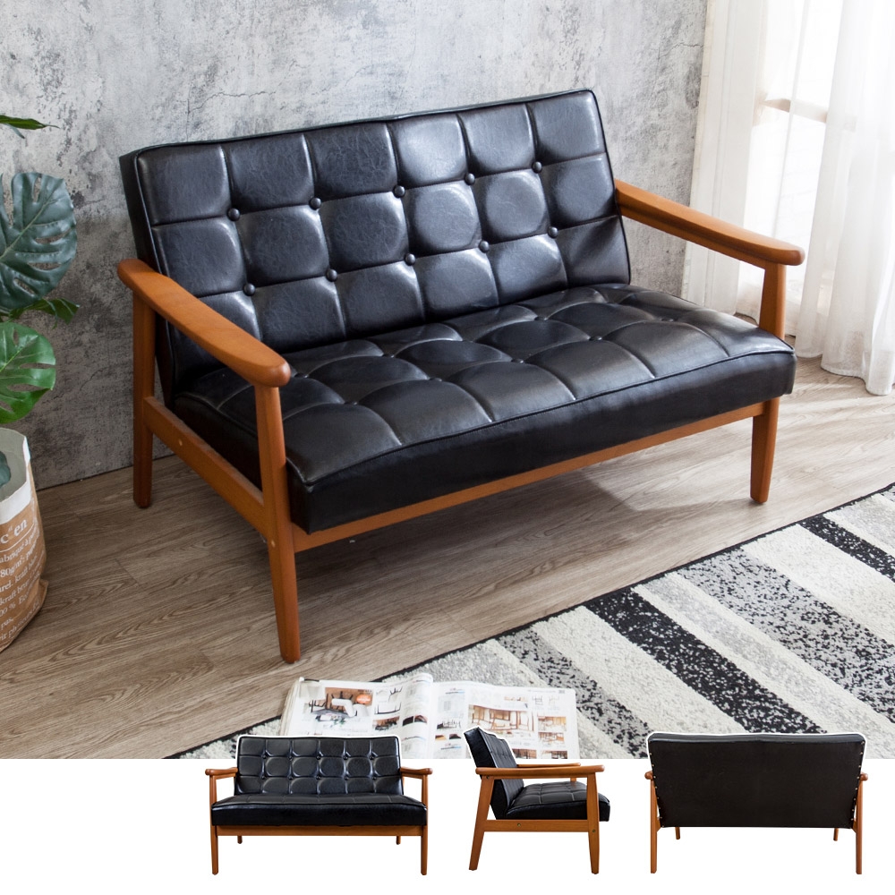 Boden-布蘭頓實木黑色皮沙發雙人椅/二人座-113x73x70cm