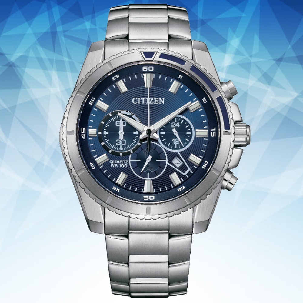 CITIZEN 星辰Chronograph 碼錶計時三眼不鏽鋼男石英錶-藍44mm AN8201