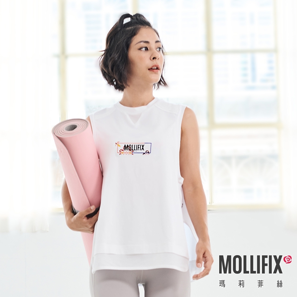 Mollifix 瑪莉菲絲 潮流寬版造型背心(白) 暢貨出清、瑜珈服、背心、T恤