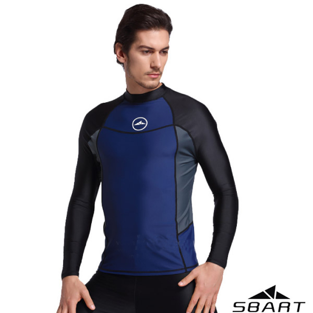 【SBARTY】男時尚新款 長袖緊身彈性防曬潛水上衣_黑拼深藍