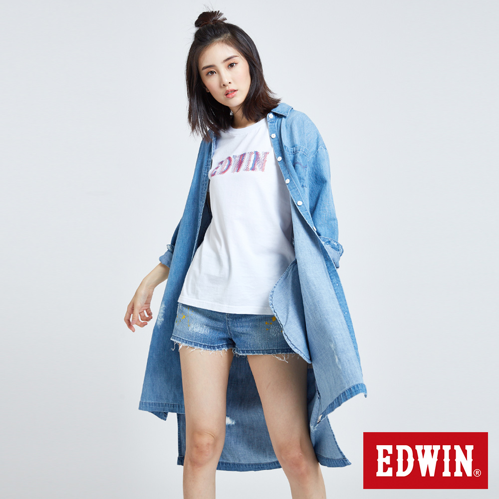 EDWIN 破壞加工刷色 長版牛仔襯衫-女-重漂藍