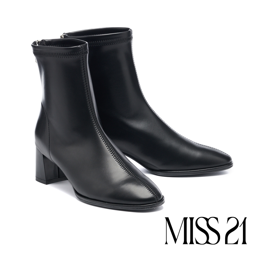 短靴 MISS 21 極簡率性彈力純色高跟短靴－黑