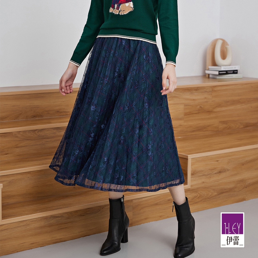 ILEY伊蕾 浪漫棉質格紋拼接蕾絲細壓褶鬆緊裙(深綠色；M-XL)1223062311
