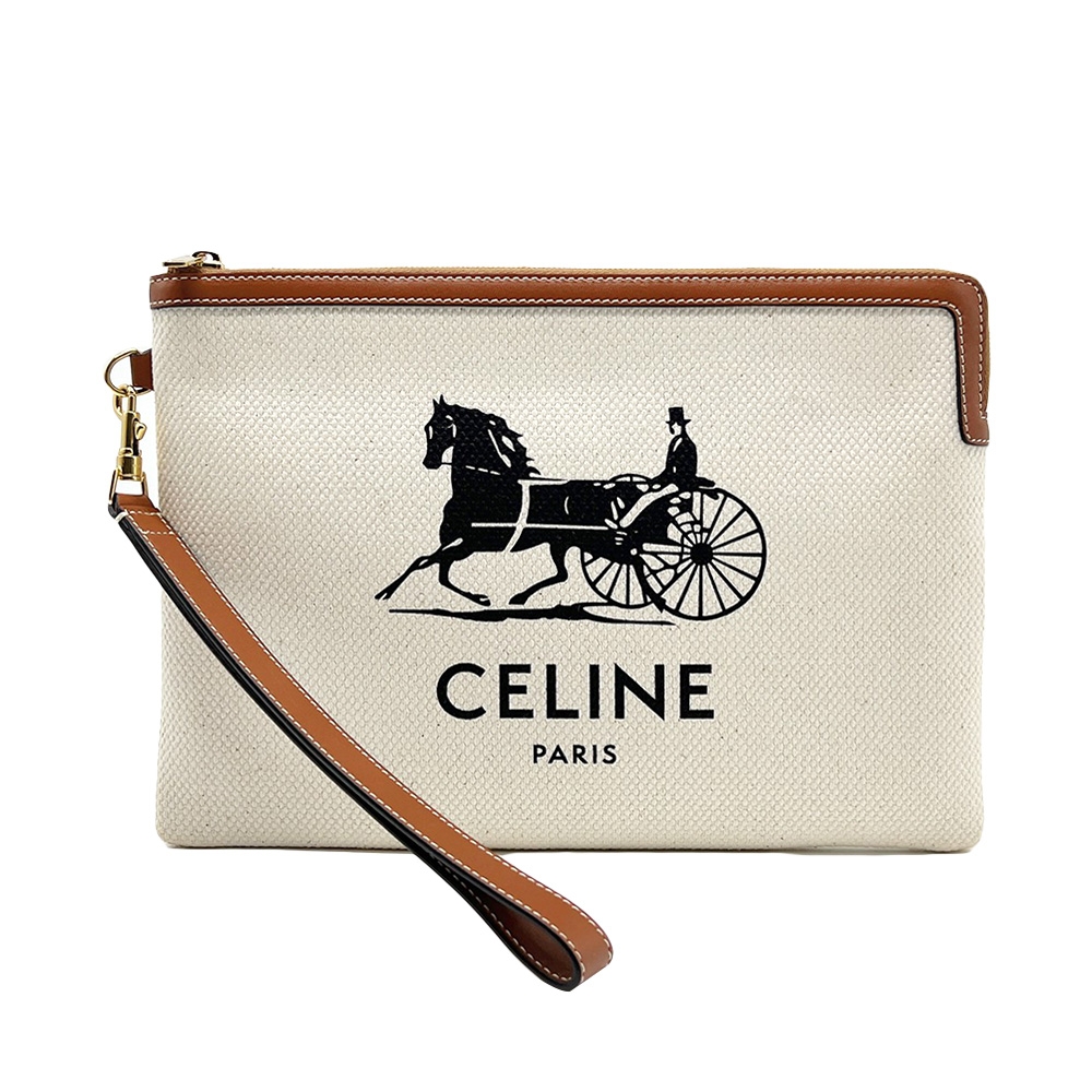 CELINE 馬車印花帆布拉鍊手拿包(米)