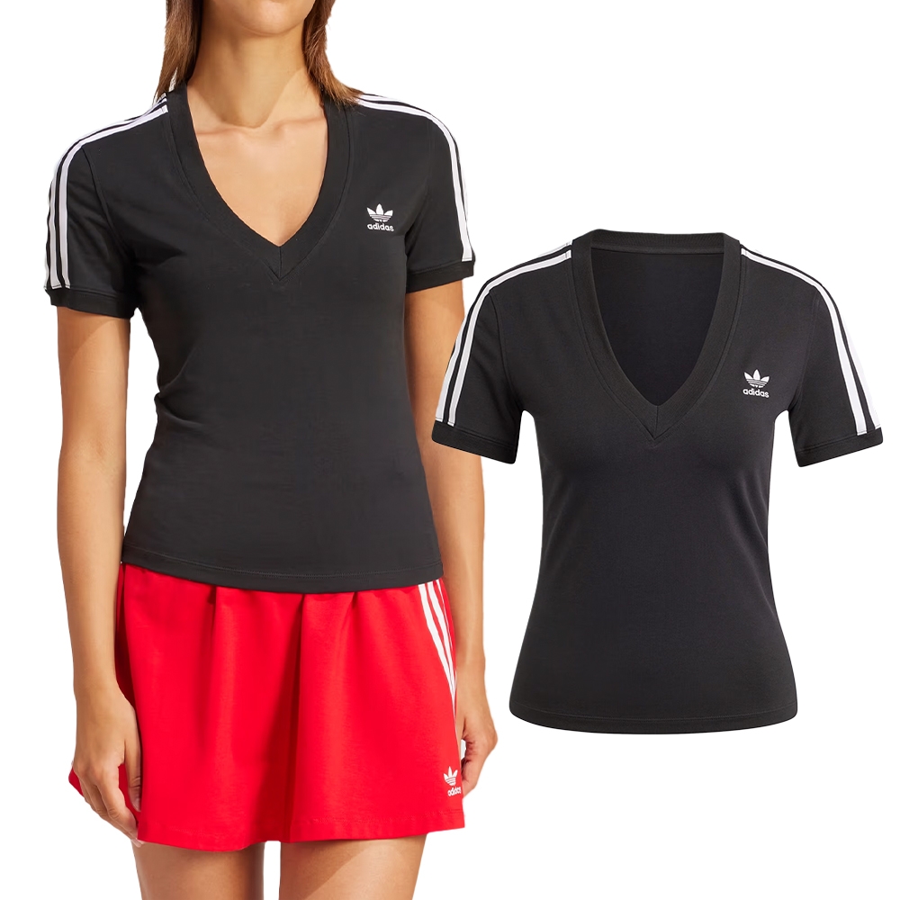 Adidas 3 S V-neck Tee 女款 黑色 三條紋 V 領 修身 上衣 運動 休閒 短袖 IU2416