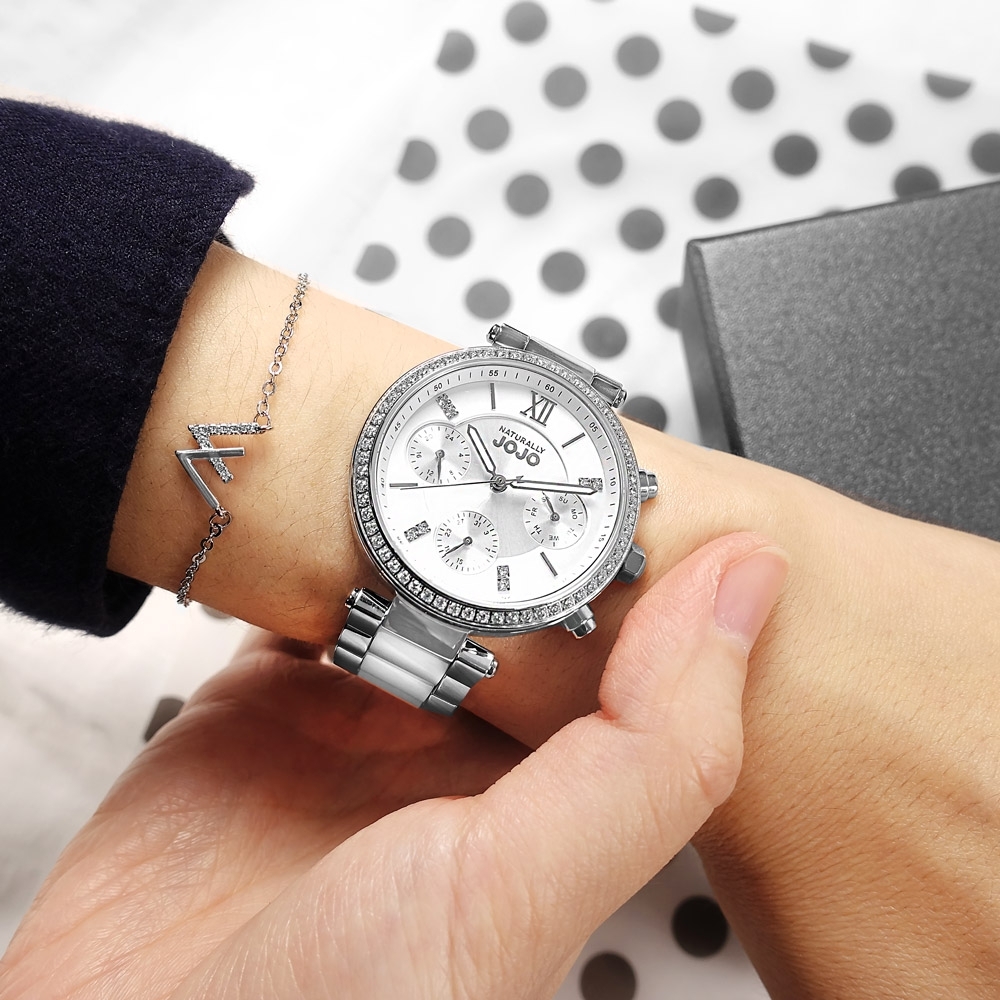 NATURALLY JOJO / 三眼三針 星期日期 陶瓷不鏽鋼手錶 -銀x白/37mm