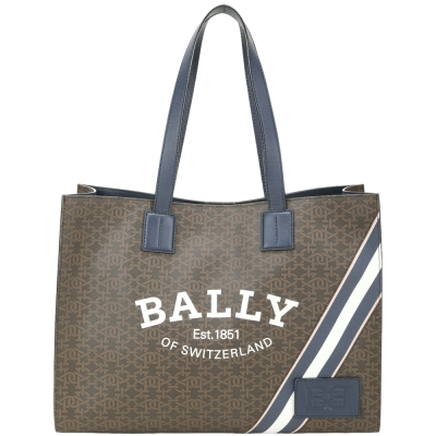 BALLY CRYSTALIA 字母老花帆布拼色條紋長方手提托特包(咖啡x藍色)