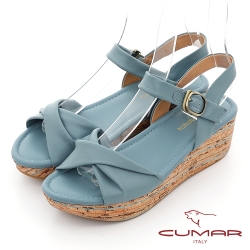 【CUMAR】波西米亞風扭轉一字帶坡跟涼鞋-藍