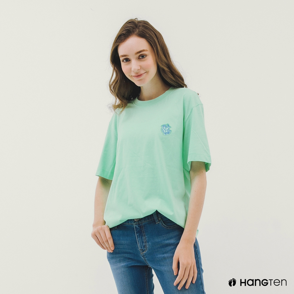 Hang Ten-中性款-韓款-純棉環保主題繡印花短袖T恤-淺綠