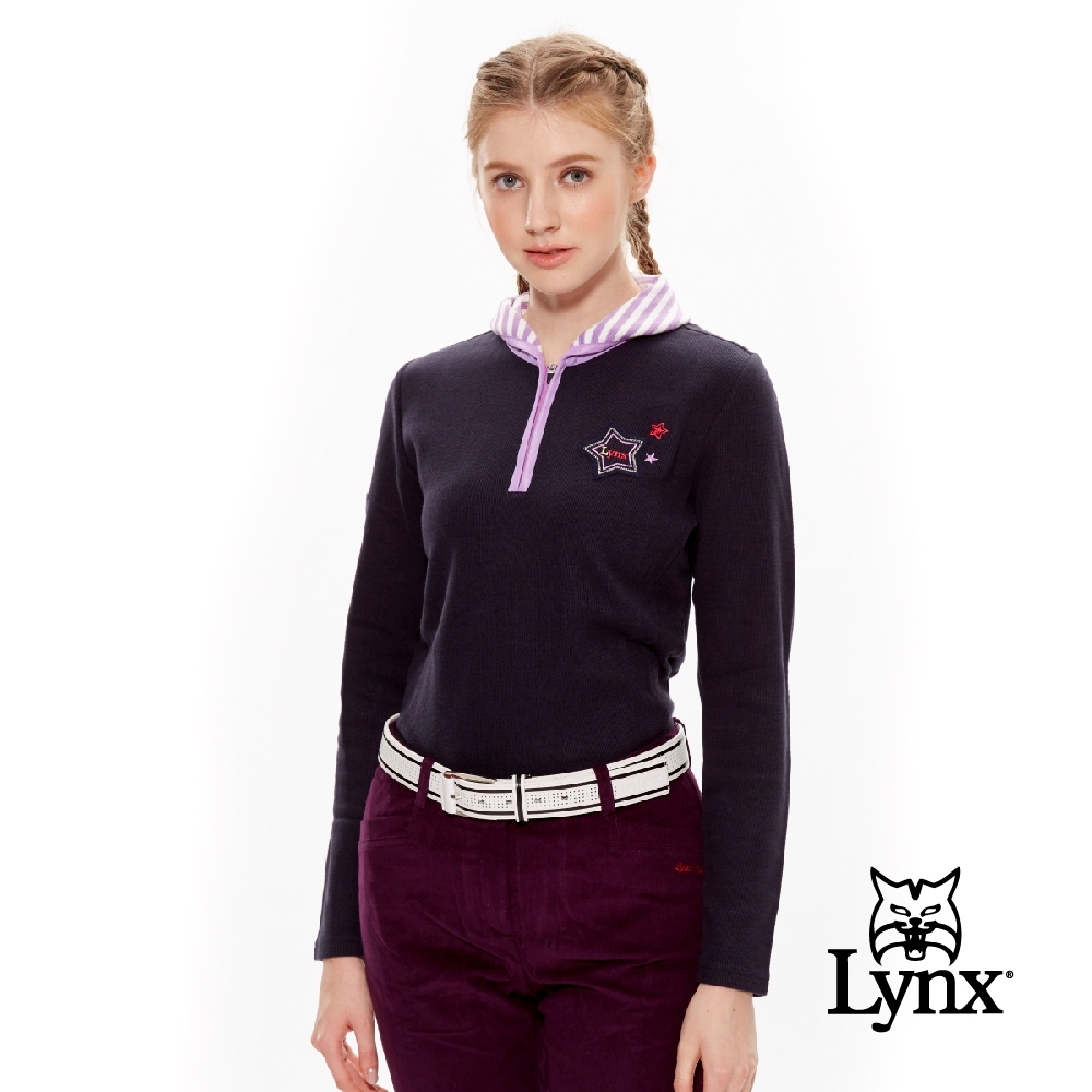 【Lynx Golf】女款羅紋摩毛布翻領款立領長袖POLO衫-深藍色