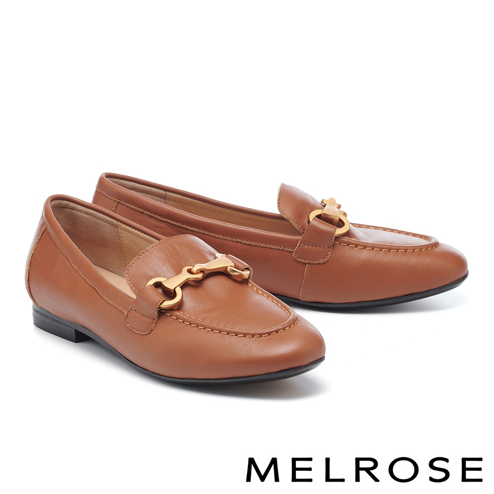 低跟鞋 MELROSE 美樂斯 復古金屬飾釦全真皮樂福低跟鞋－棕