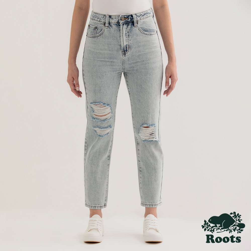 Roots女裝-高腰直筒牛仔褲-淺藍色