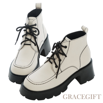 【Grace gift】精緻女孩車線厚底短靴 米白