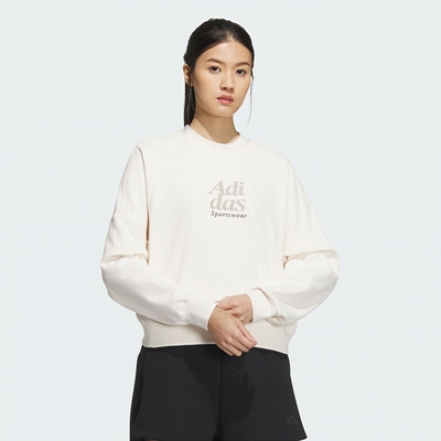 adidas 上衣 女款 長袖上衣 大學T 運動 亞規 LOUNGE FT CREW 粉白 IM8852 (S2336)