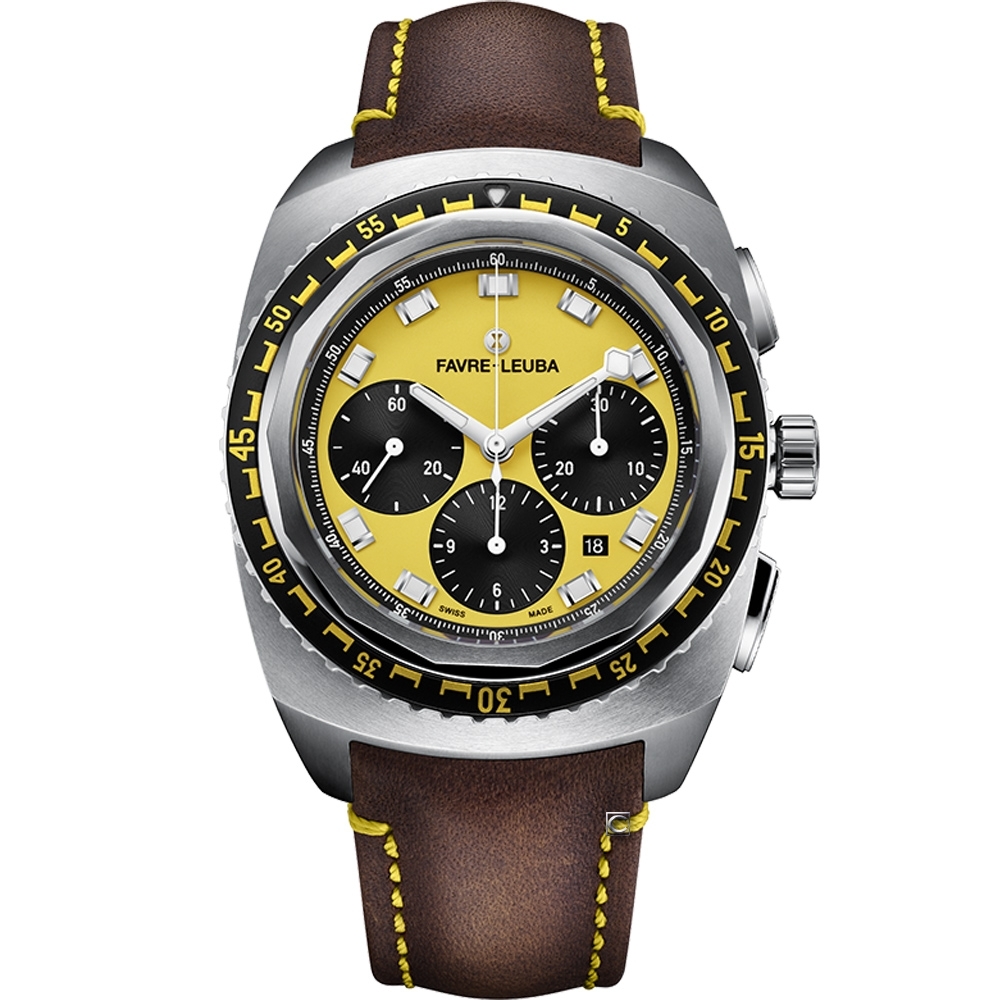 Favre-Leuba域峰表RAIDER系列SEA SKY腕錶-黃x咖啡色皮帶/44mm