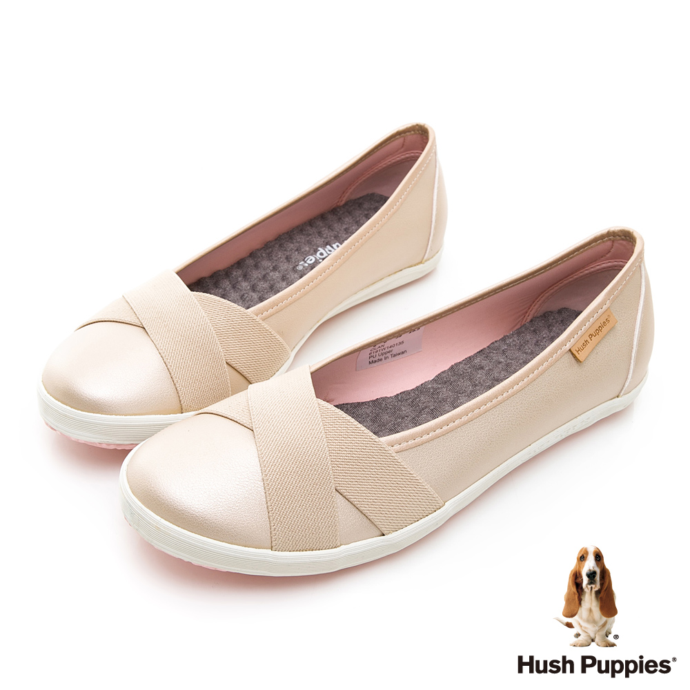 Hush Puppies 皮質咖啡紗交叉帶娃娃鞋-淺金