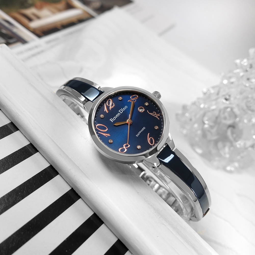 羅梵迪諾 Roven Din 優雅時尚 細緻迷人 日期 不鏽鋼手錶-藍x銀/28mm