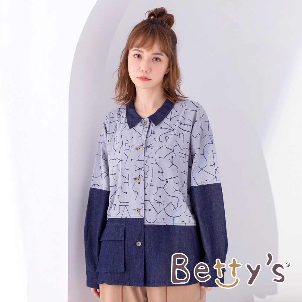 betty’s貝蒂思　襯領印花布拼接上衣(藍灰色)