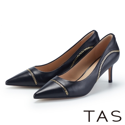TAS 簡約金屬細鍊羊皮尖頭高跟鞋 黑色