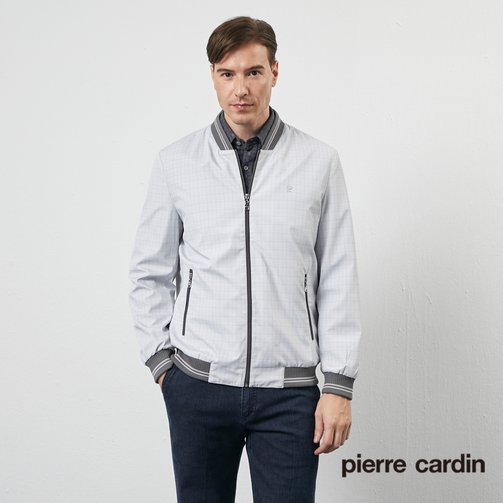 Pierre Cardin皮爾卡登 男裝 都會休閒棒球領印花格紋薄夾克外套-灰(5205666-95)