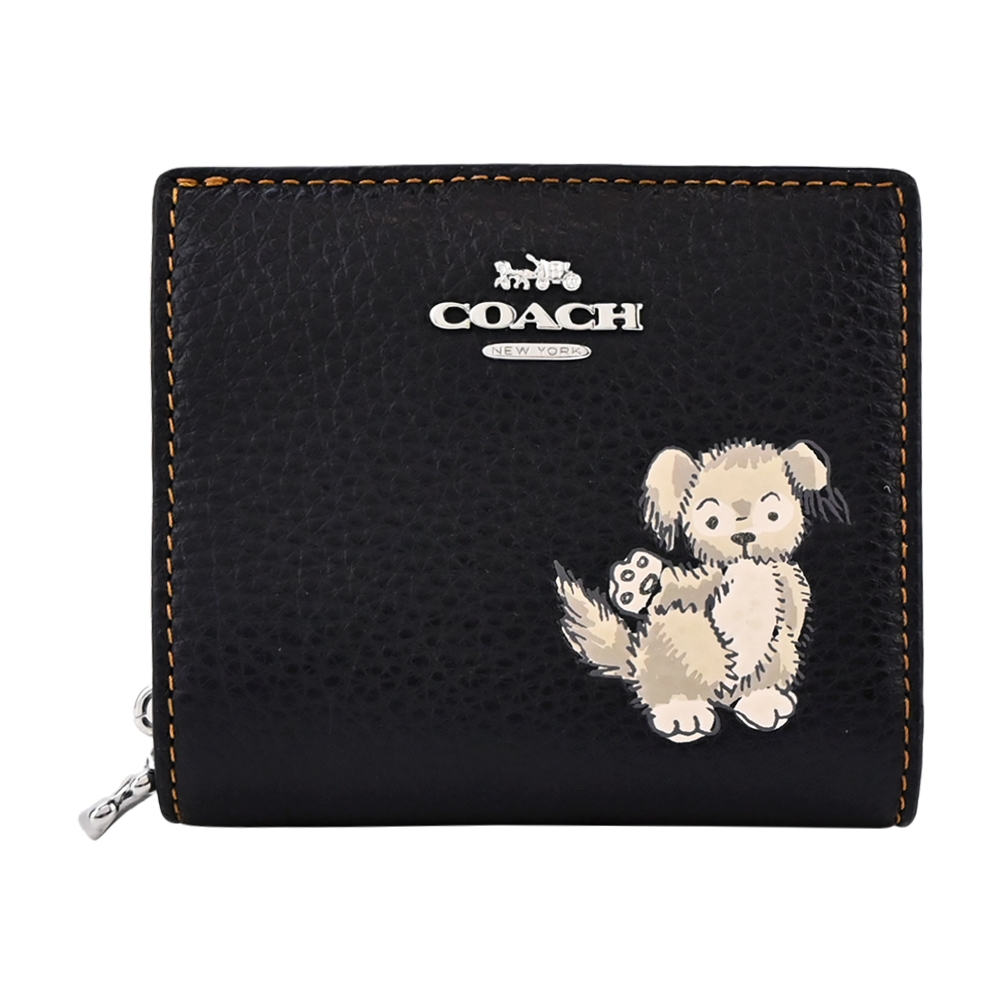 COACH 馬車C字拉鍊Happy Dog皮革短夾(黑)