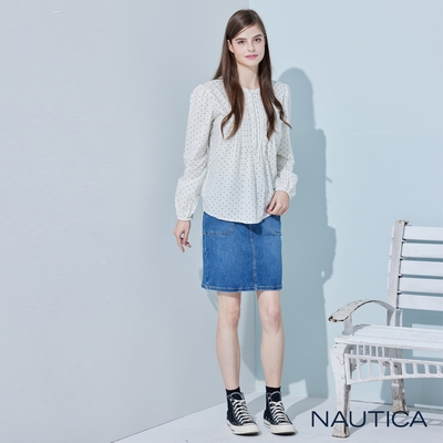 Nautica女裝 柔美休閒點點圖騰長袖襯衫-白色